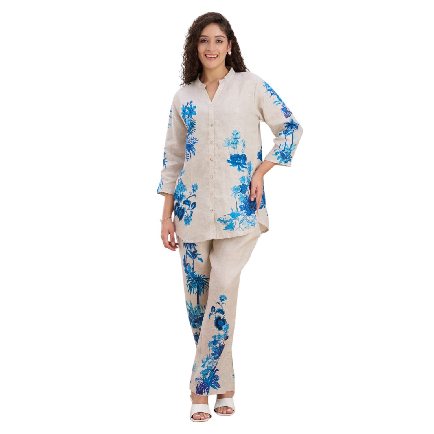Natural linen co-ord with indigo botanical hand block print.