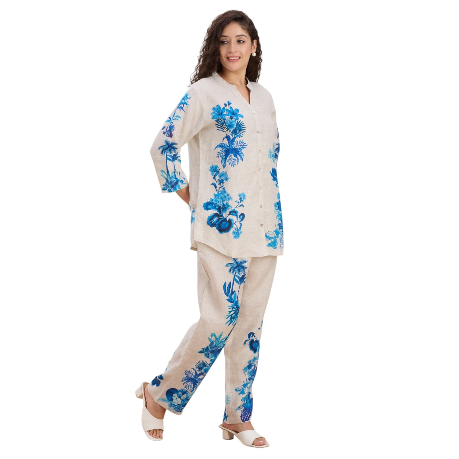 Indigo botanical co-ord set, photographed in the Mangalagiri studio