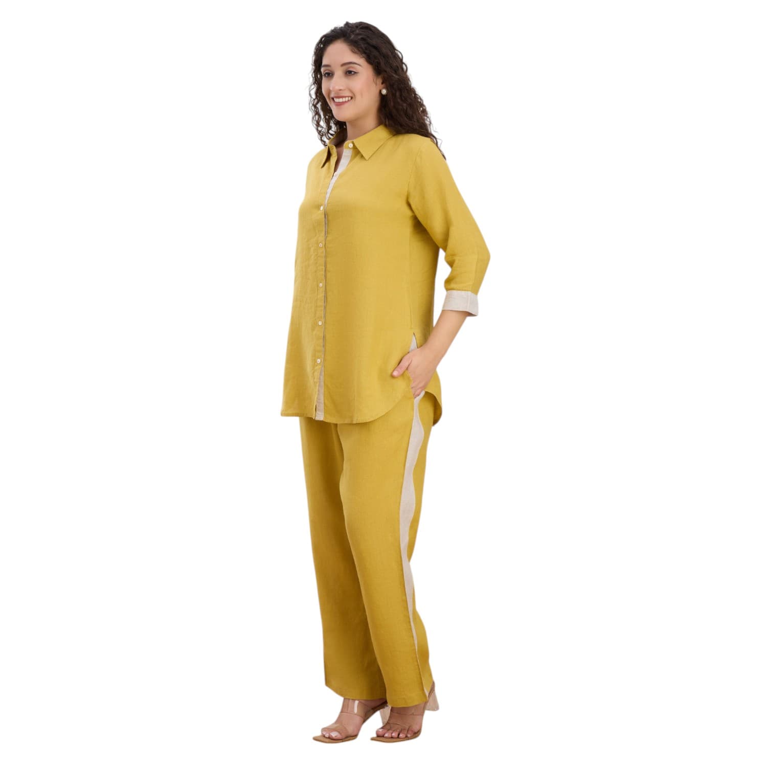 Mustard Pearl-Button Linen Co-ord — view 2