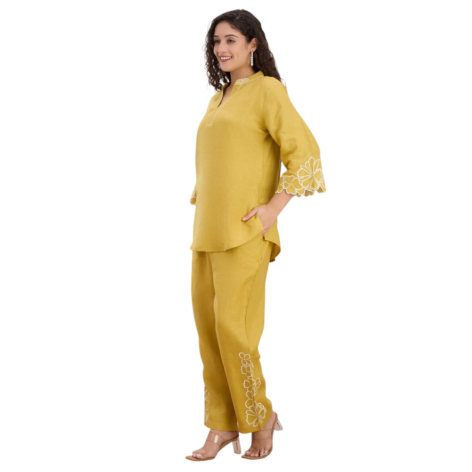 Olive linen co-ord with scalloped white-thread floral edges