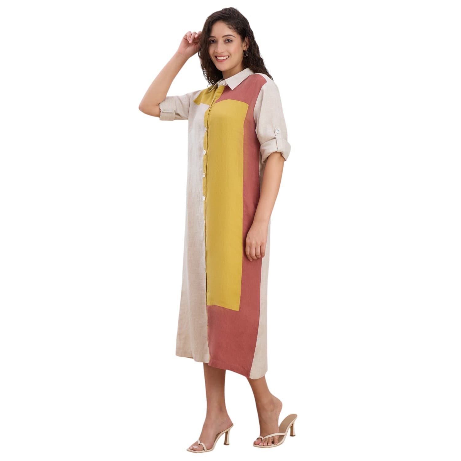 Colour Block Linen Shirt Dress — view 2