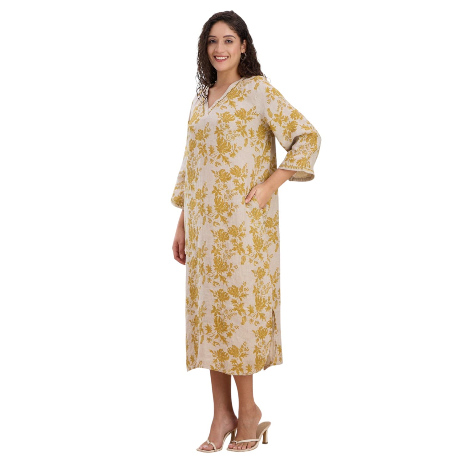 Mustard Floral Block-Print Linen Kaftan — view 2