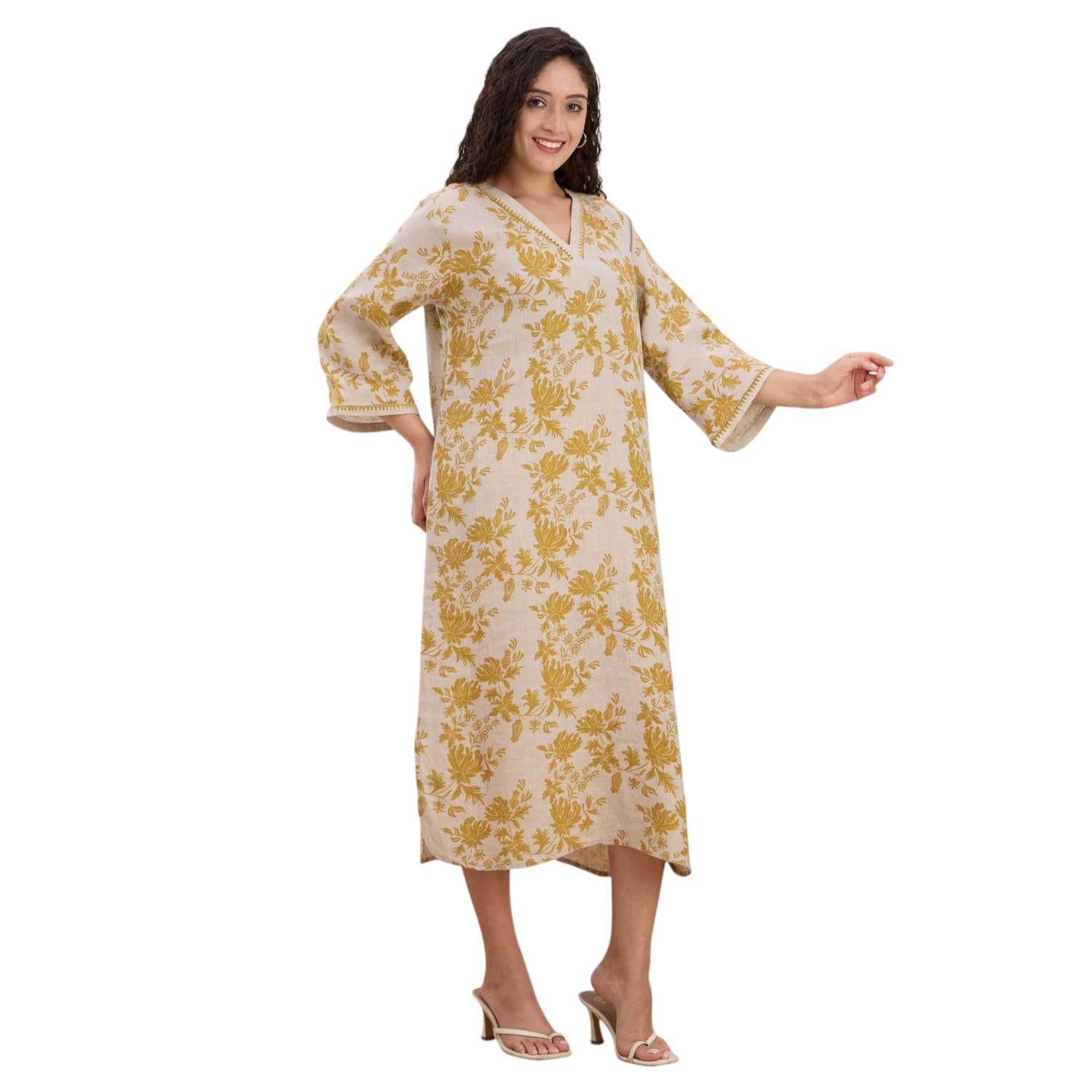Mustard Floral Block-Print Linen Kaftan — view 3