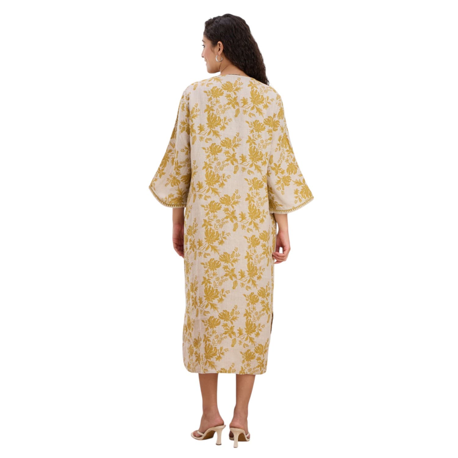 Mustard Floral Block-Print Linen Kaftan — view 4
