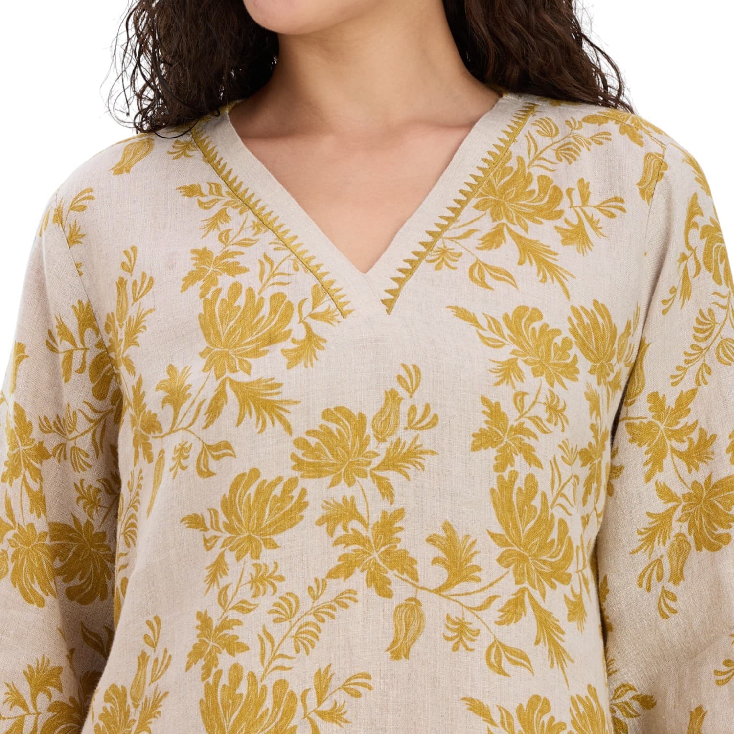 Mustard Floral Block-Print Linen Kaftan — view 5
