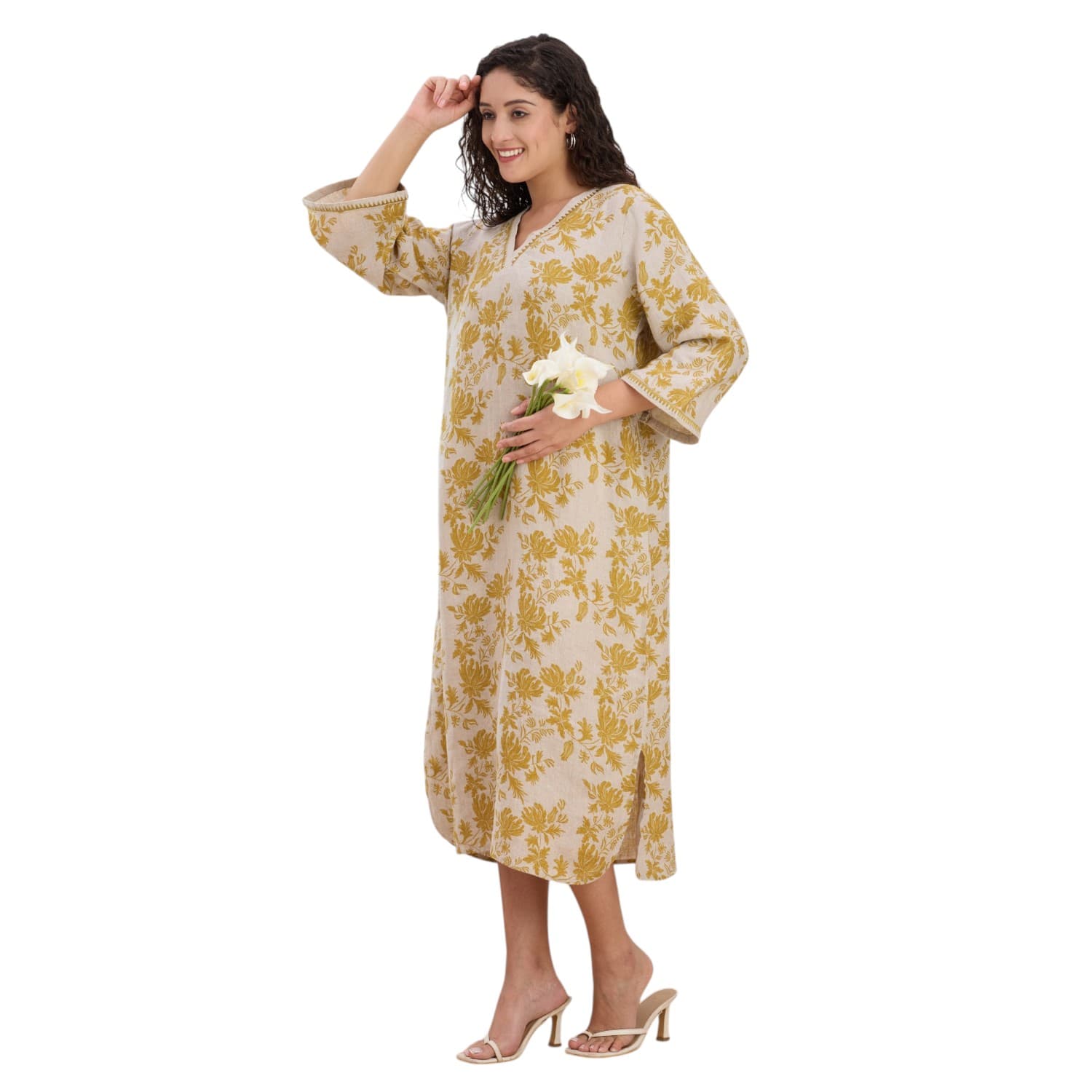 Mustard Floral Block-Print Linen Kaftan — view 6