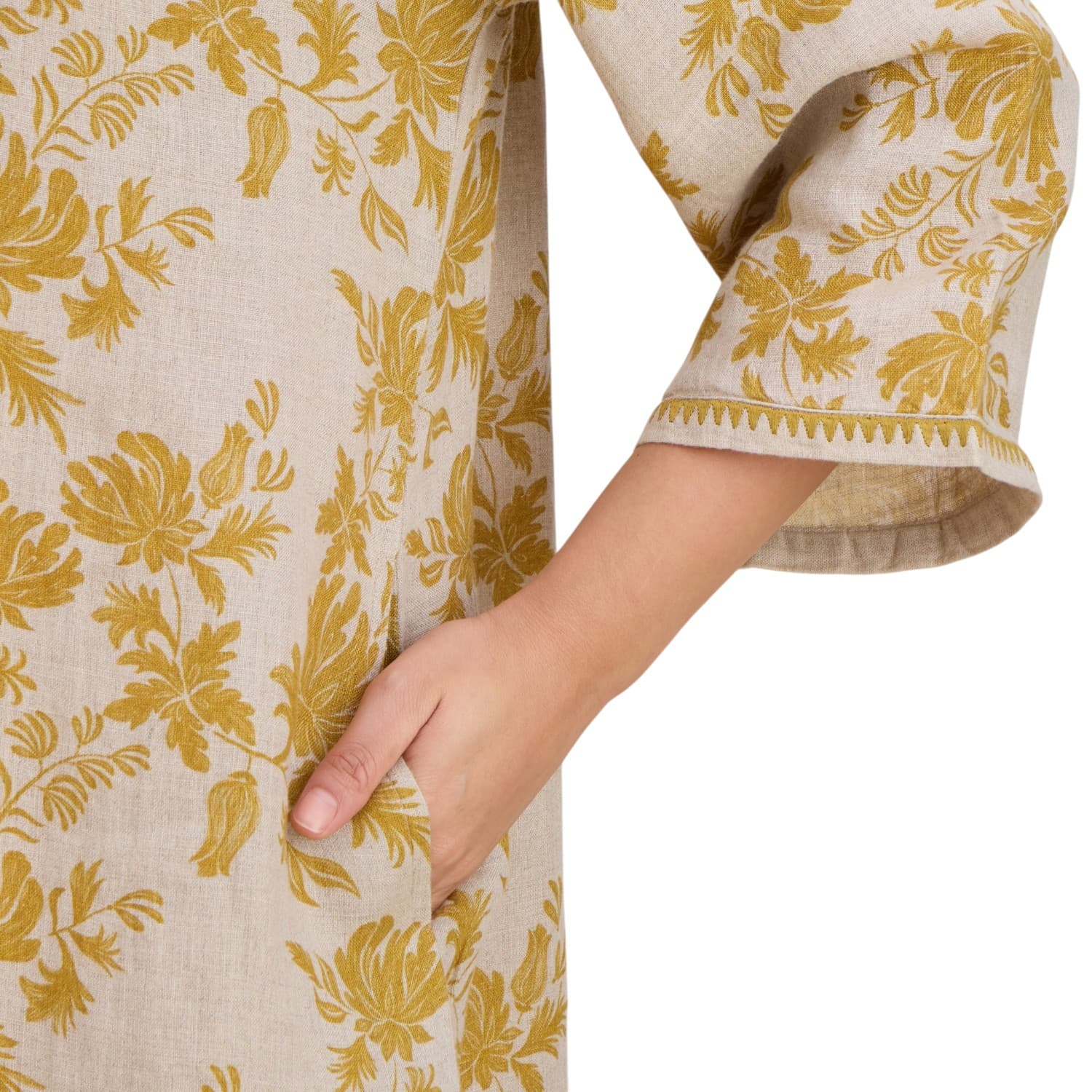 Mustard Floral Block-Print Linen Kaftan — view 7