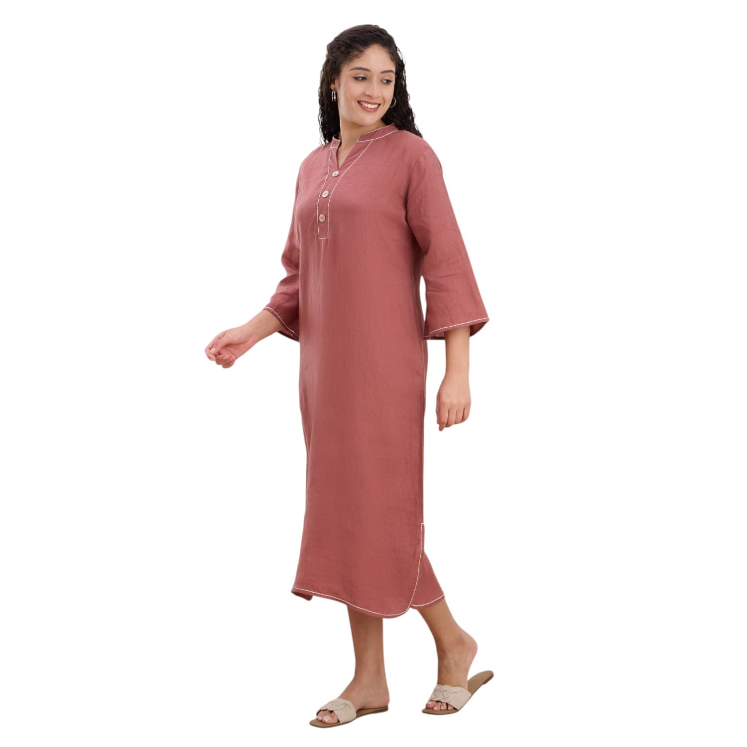 Dusty Rose Mandarin Linen Dress — view 2