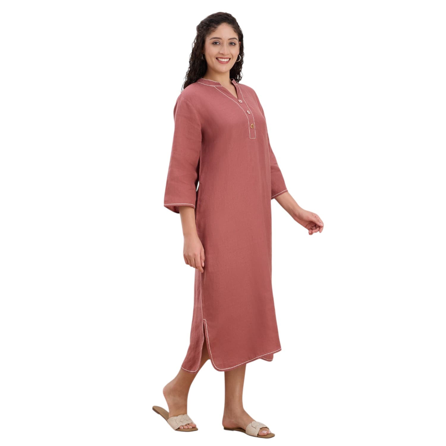Dusty Rose Mandarin Linen Dress — view 3