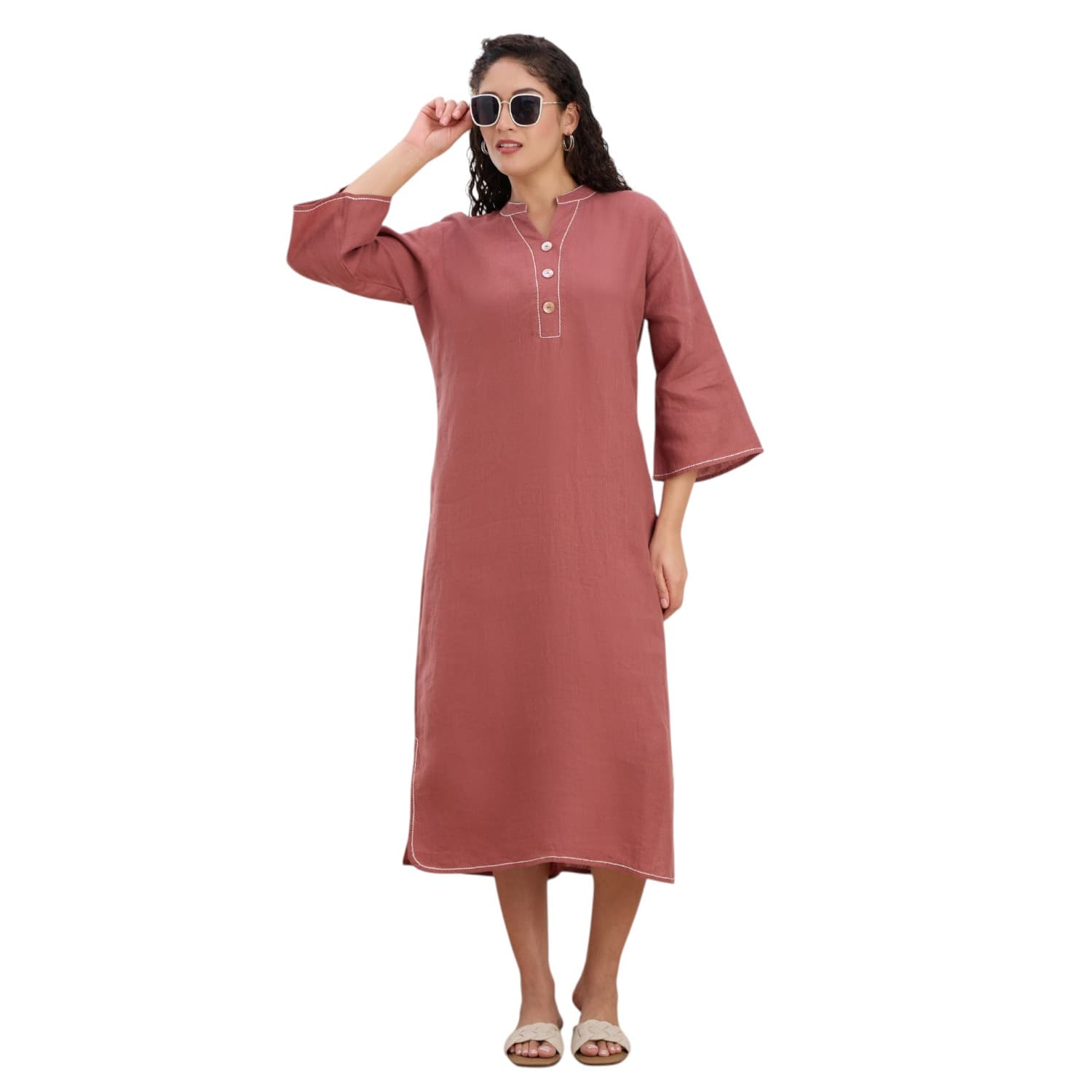 Dusty Rose Mandarin Linen Dress — view 6