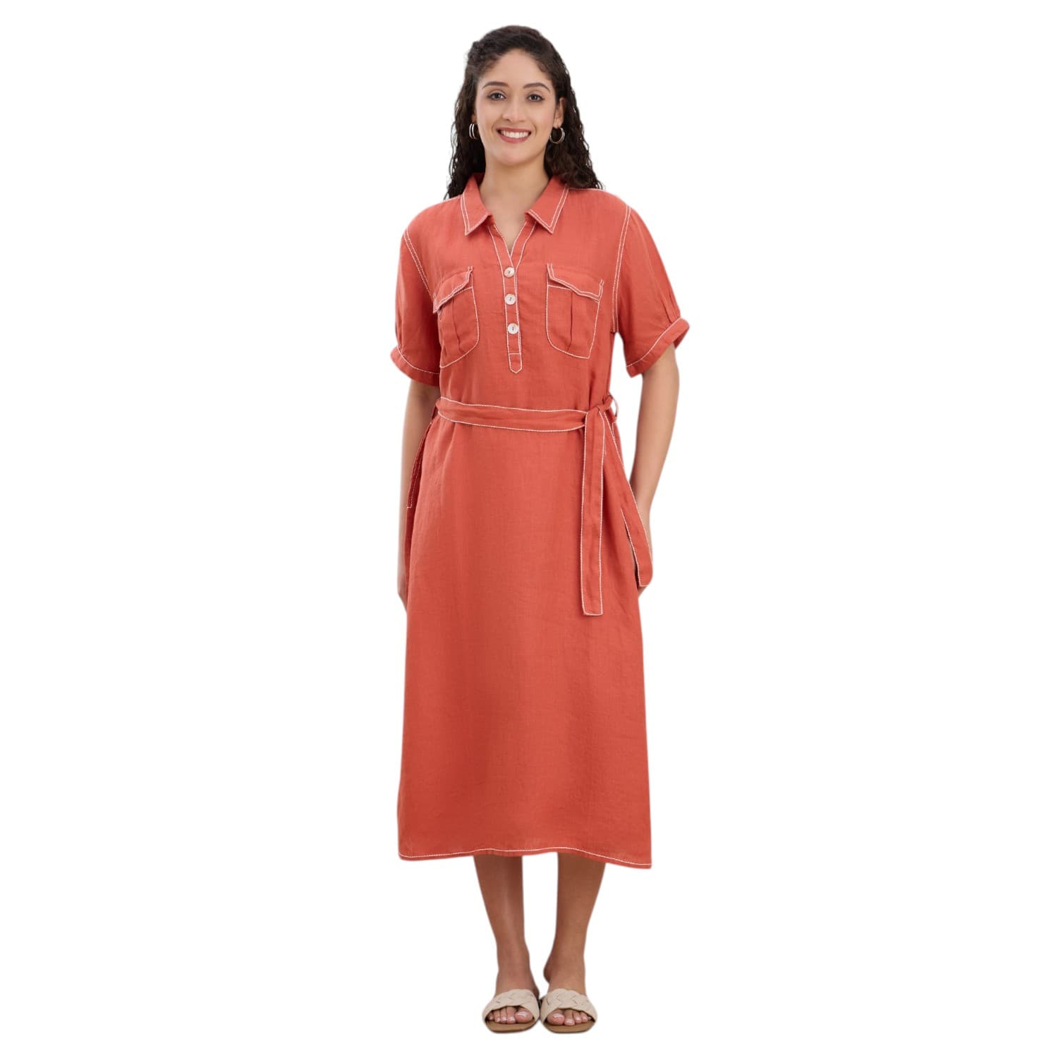 Terracotta Belted Linen Shirt Dress