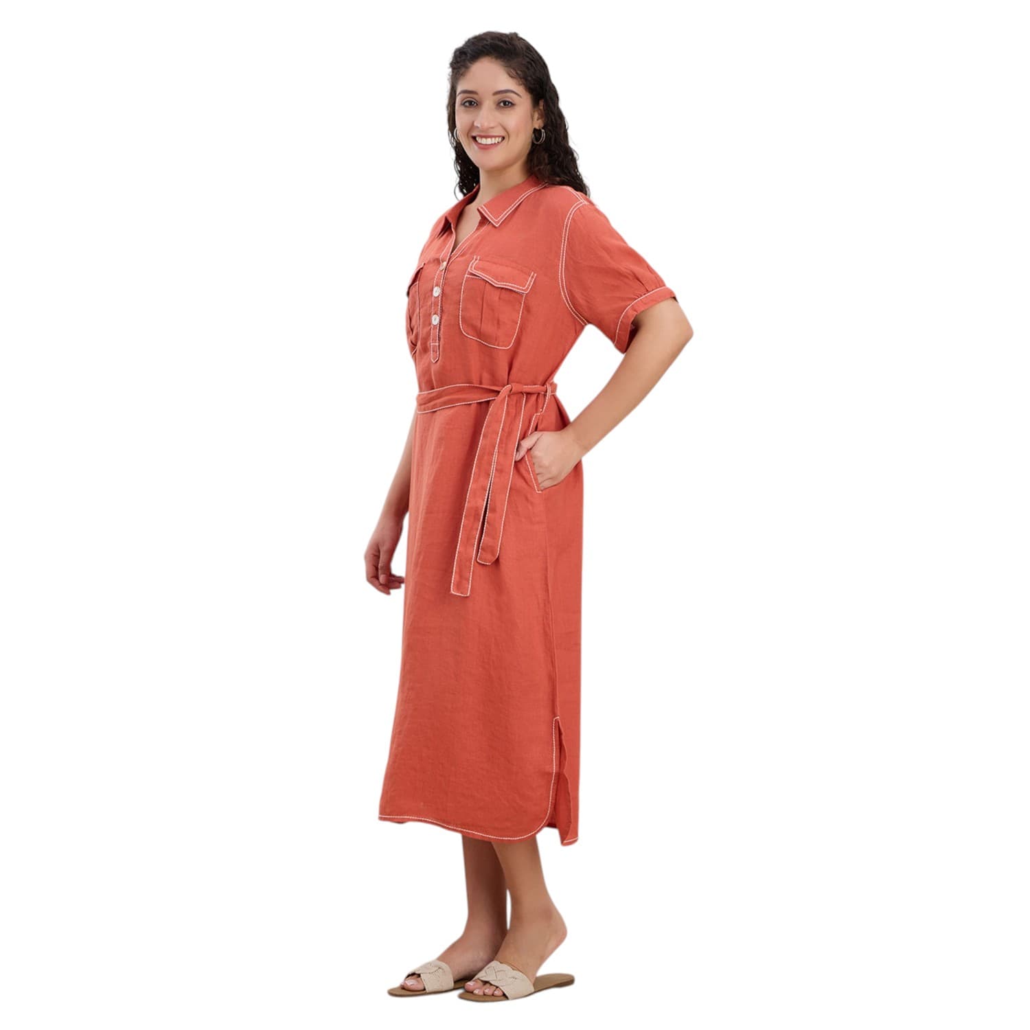 Terracotta Belted Linen Shirt Dress — view 2