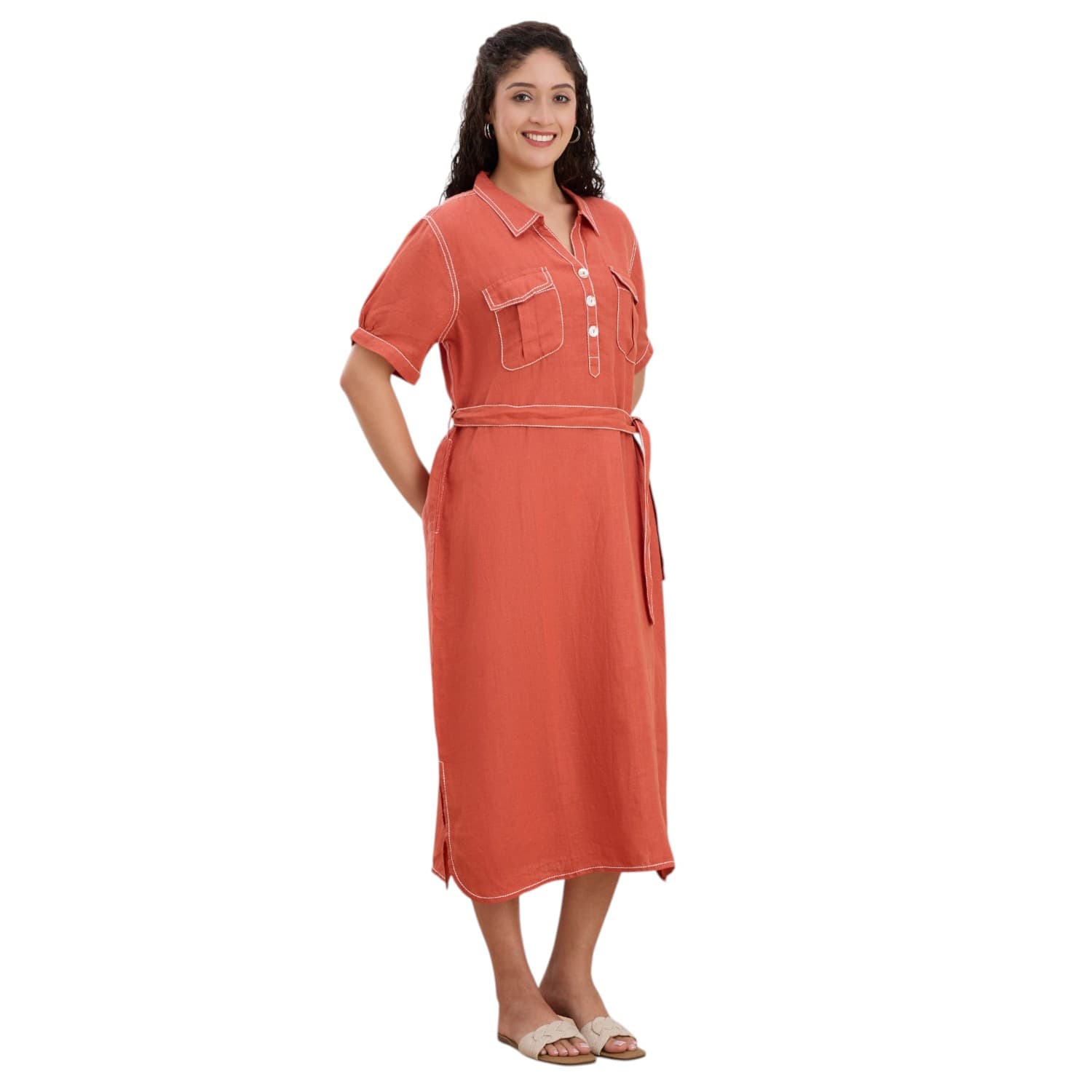 Terracotta Belted Linen Shirt Dress — view 3