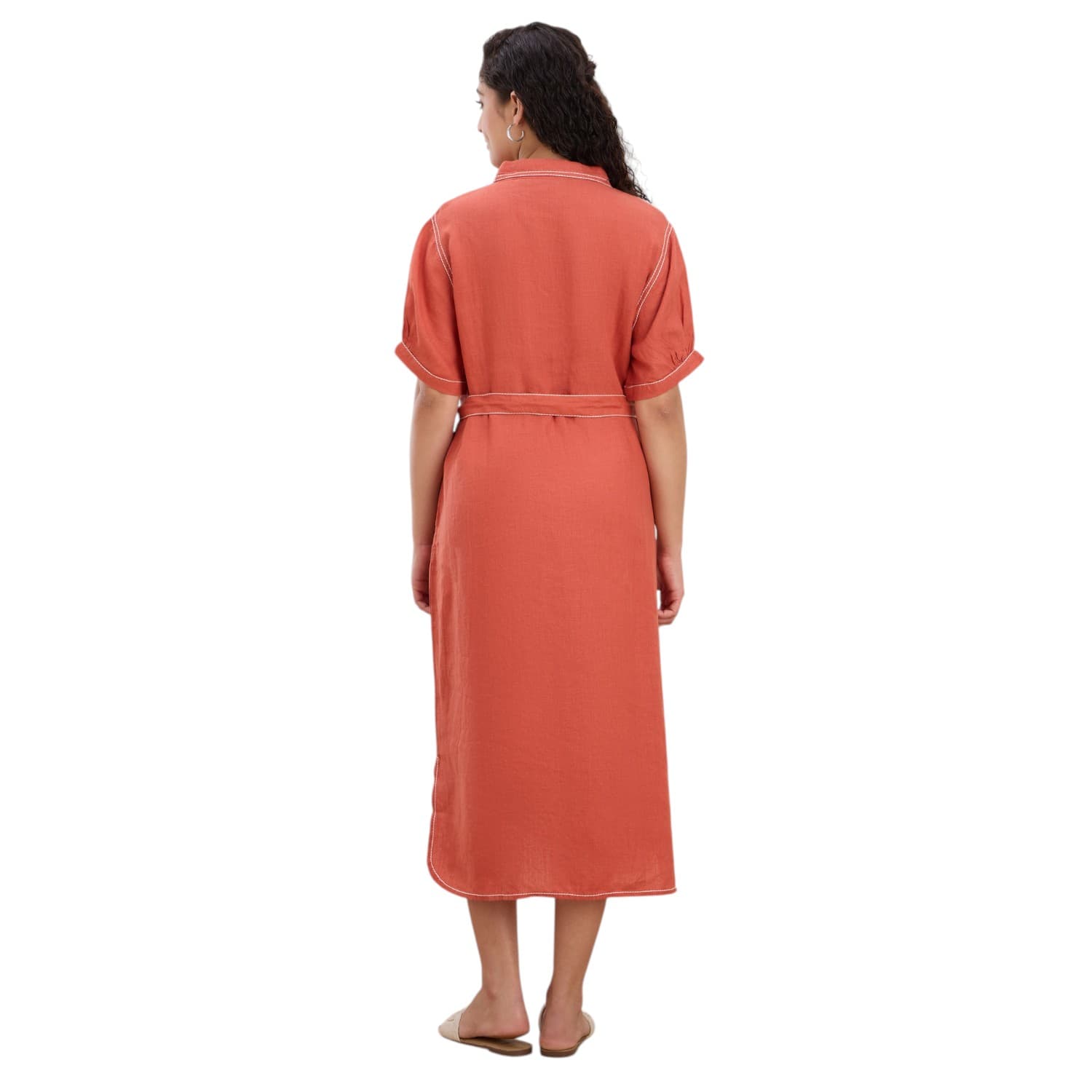 Terracotta Belted Linen Shirt Dress — view 4