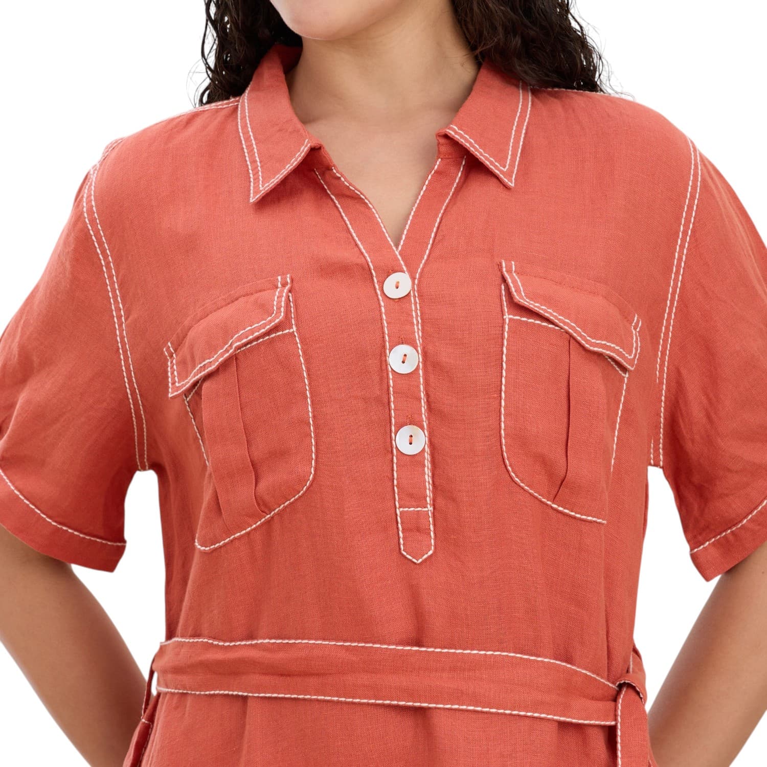 Terracotta Belted Linen Shirt Dress — view 5