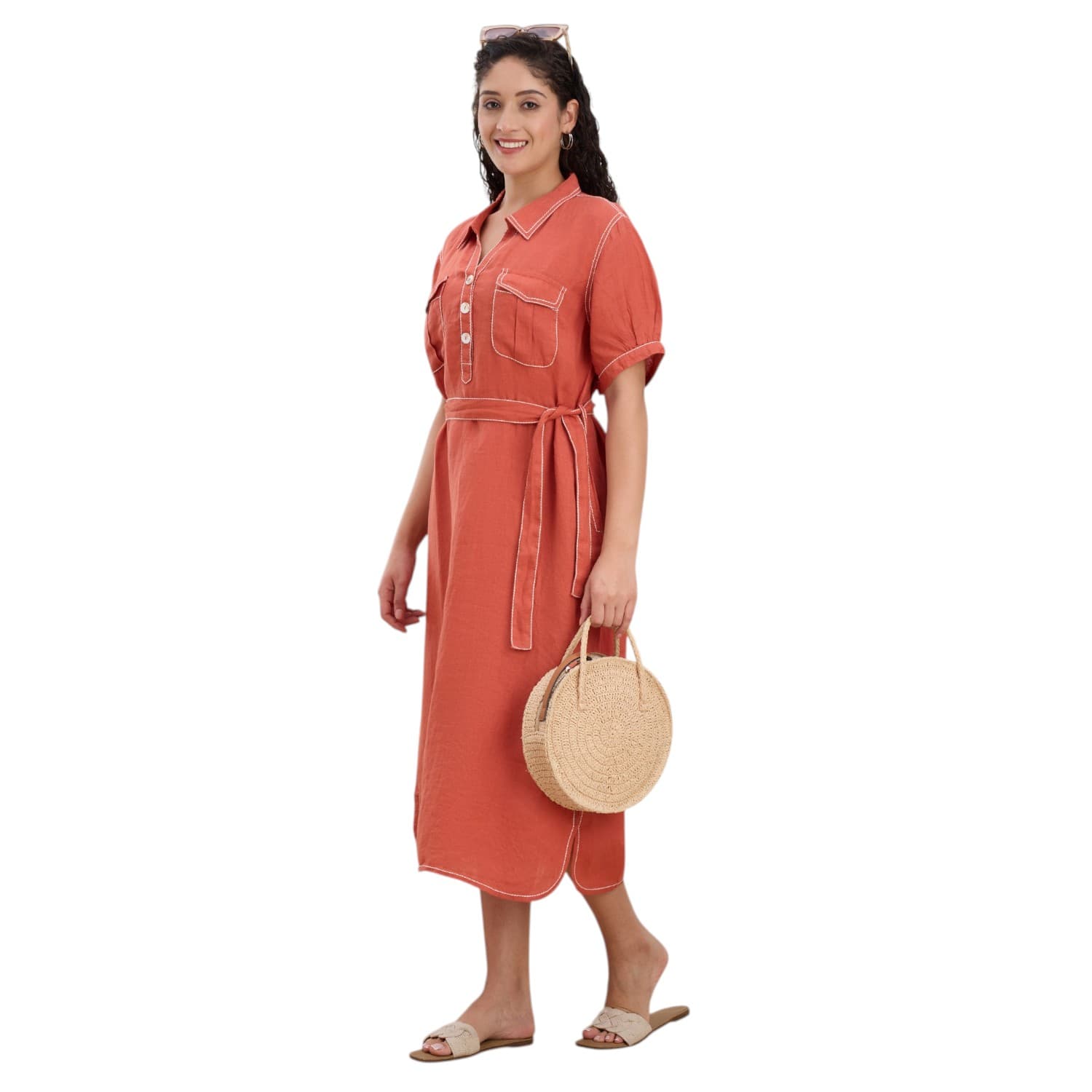Terracotta Belted Linen Shirt Dress — view 6