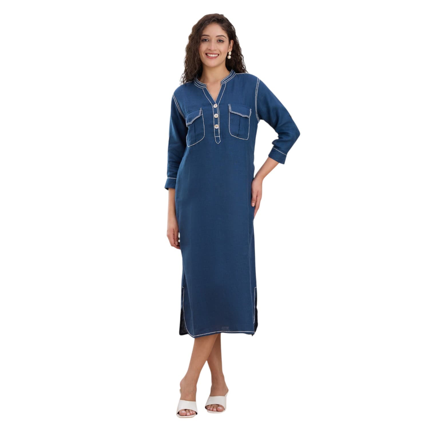 Deep Teal Pocket Linen Kurta Dress