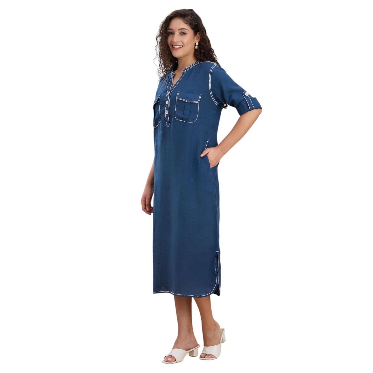 Deep Teal Pocket Linen Kurta Dress — view 2