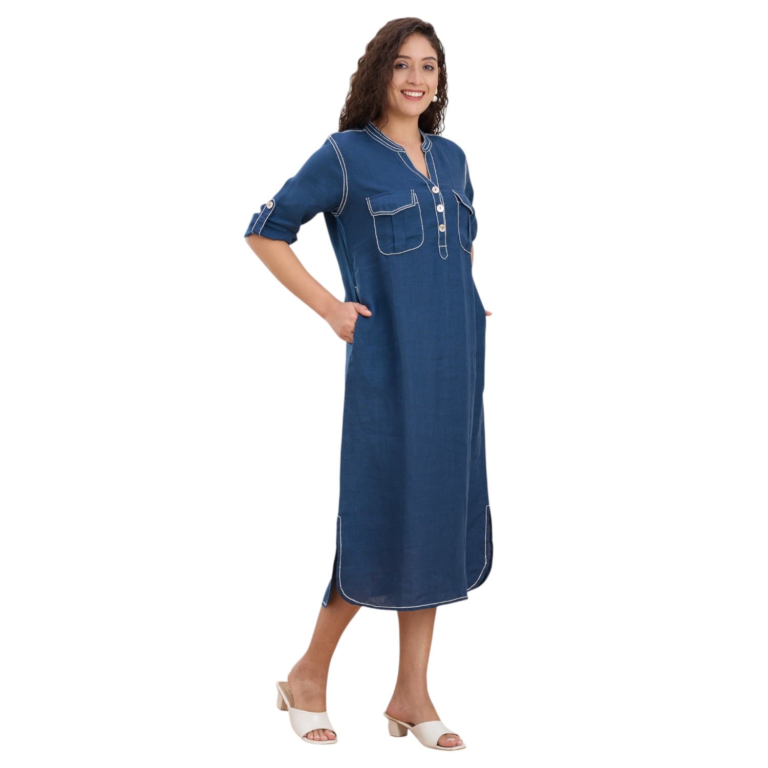 Deep Teal Pocket Linen Kurta Dress — view 3