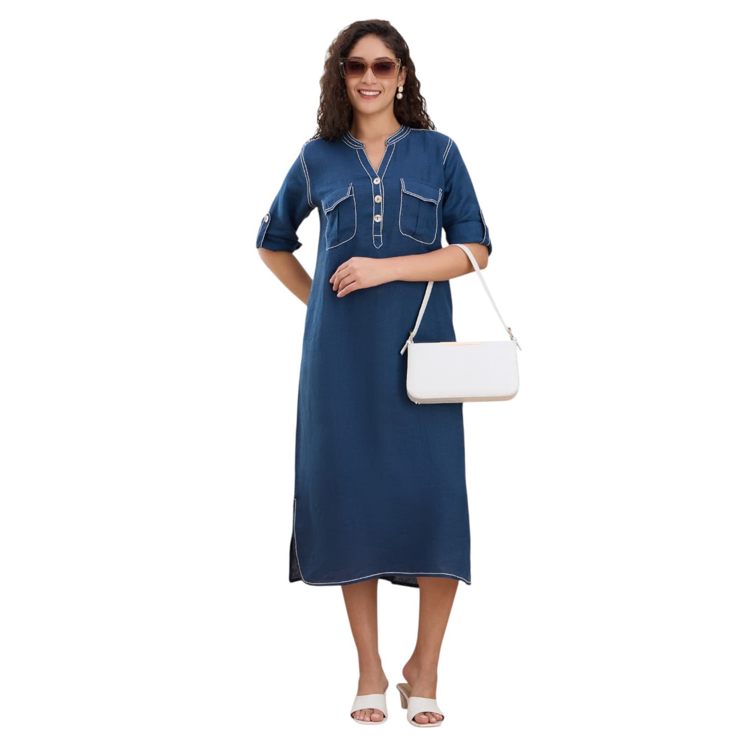 Deep Teal Pocket Linen Kurta Dress — view 6