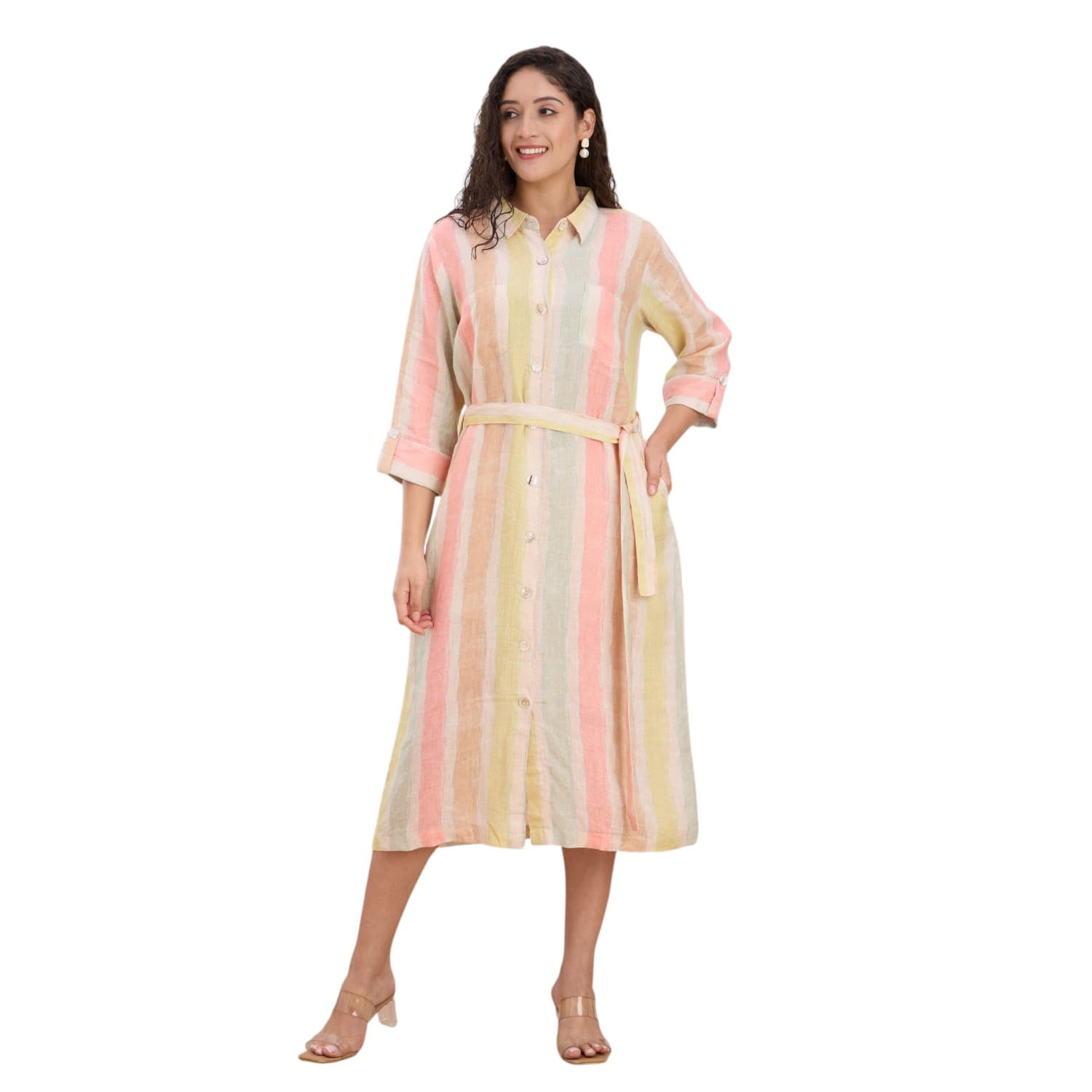 Long shirt dress in soft watercolour vertical stripes.