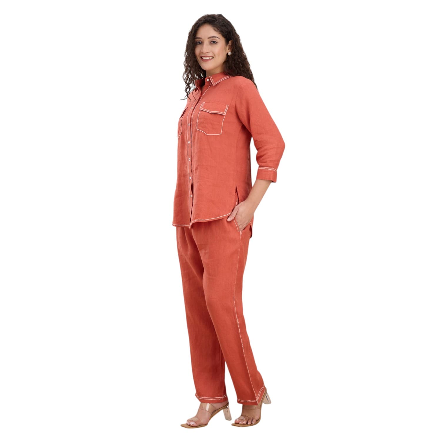 Terracotta Saddle-Stitch Linen Co-ord — view 2