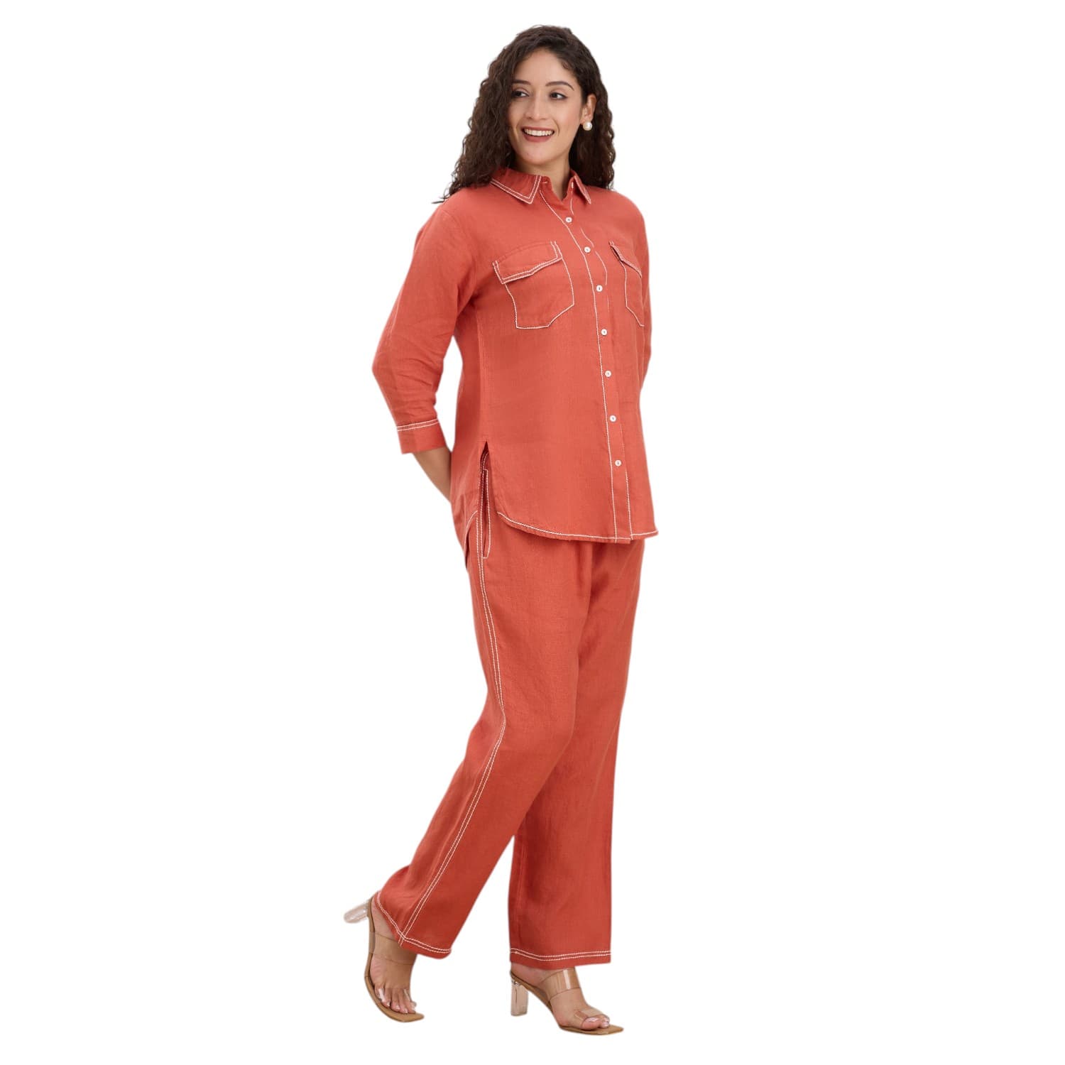 Terracotta Saddle-Stitch Linen Co-ord — view 3
