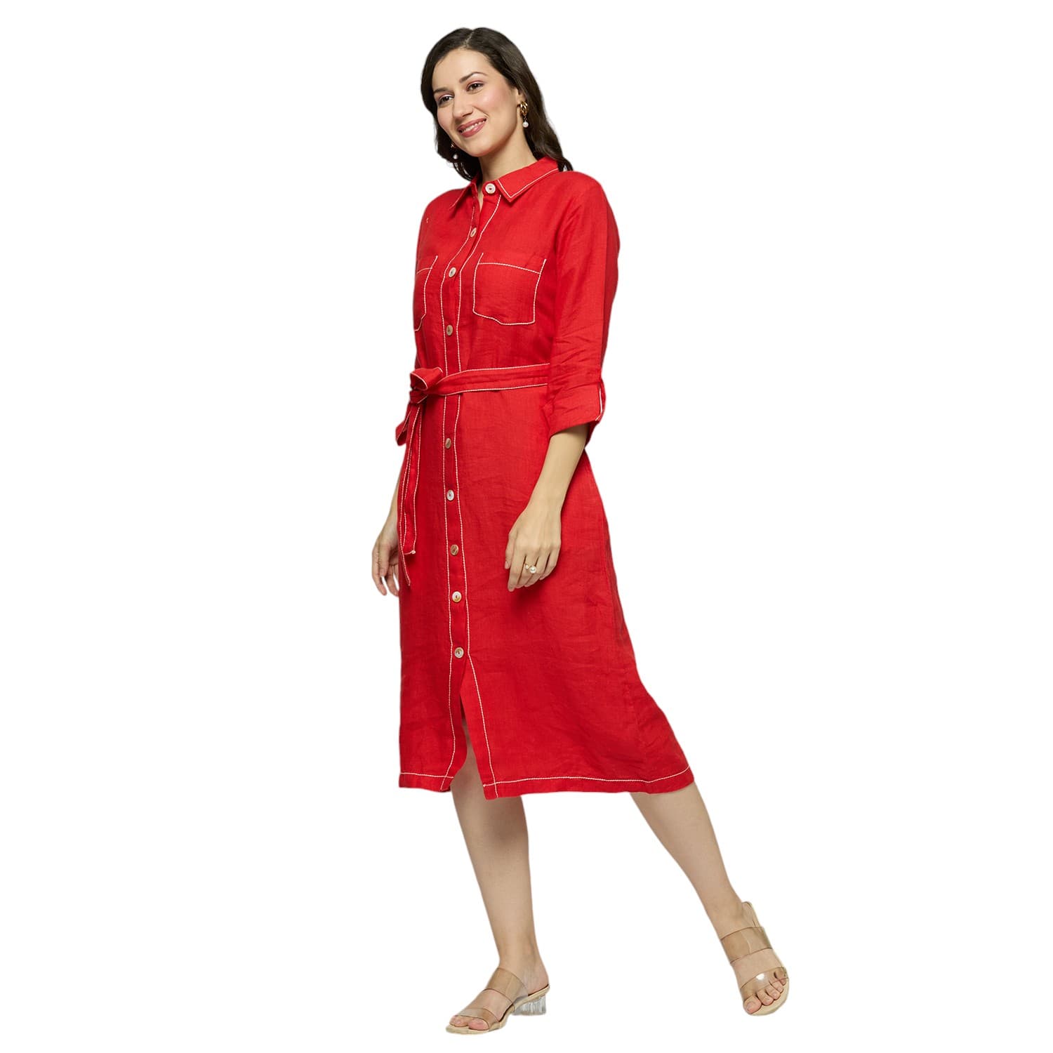 Red Double Stitched Dress view 2