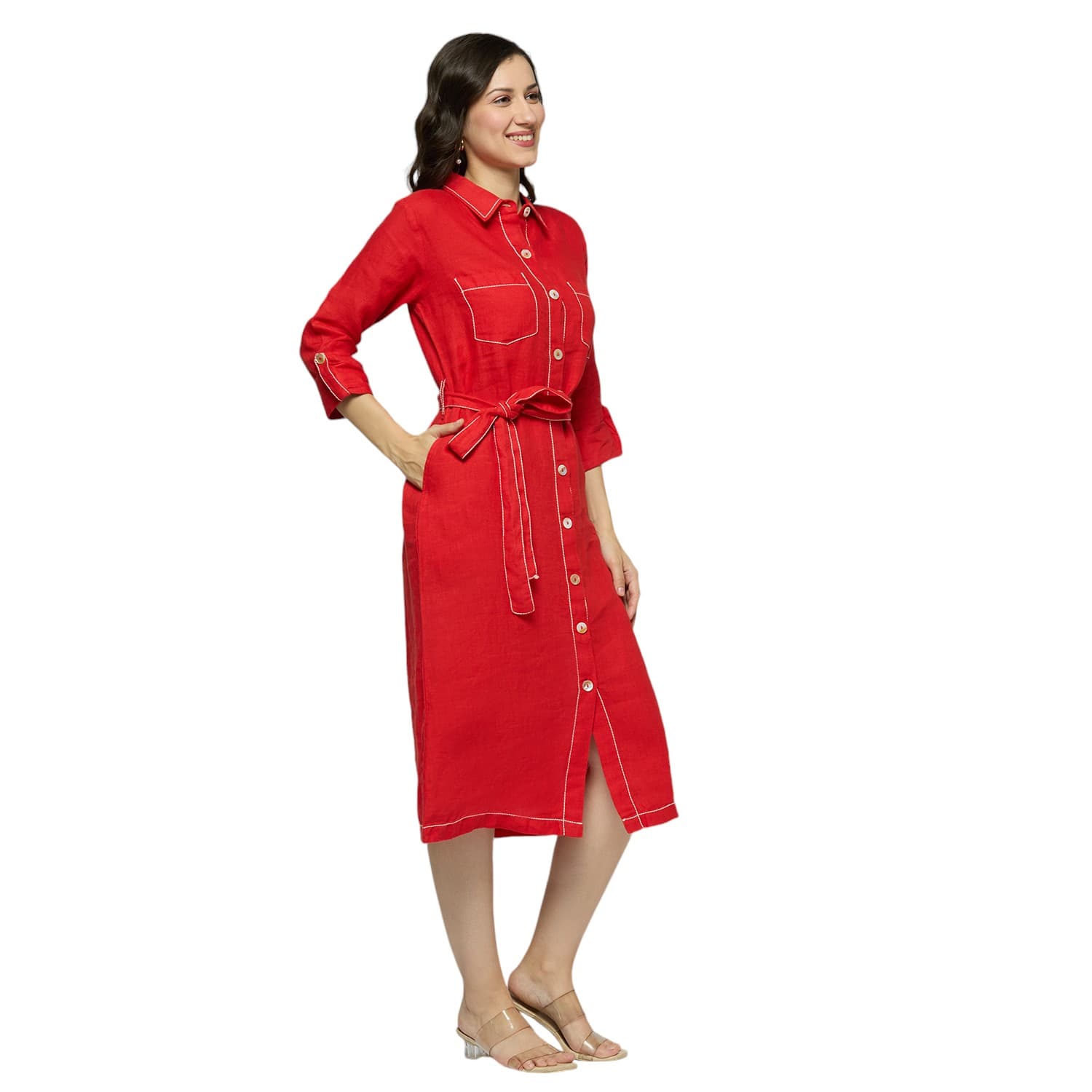 Red Double Stitched Dress view 3