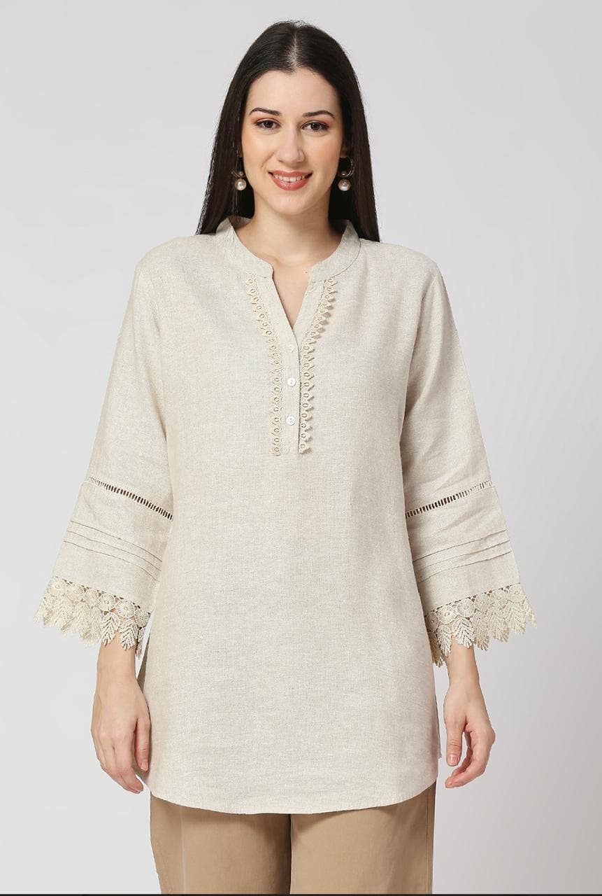 Cream Daisy Embroidered Pure Linen Top