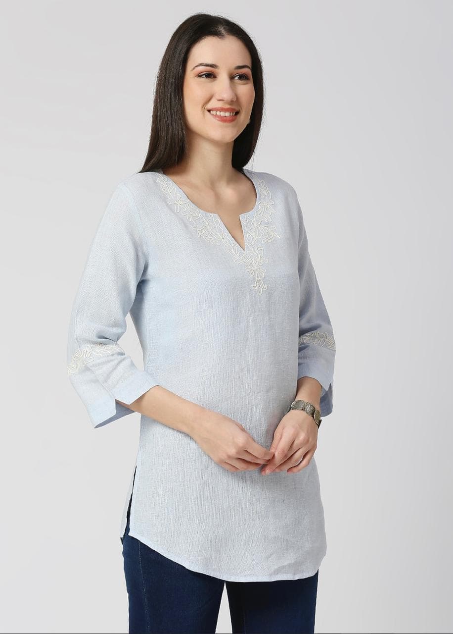 Sky Blue Embroidered Aurora Pure Linen