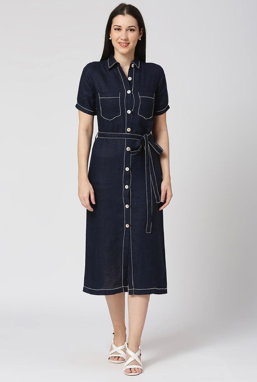 Denim Blue Azure Pure Linen Dress
